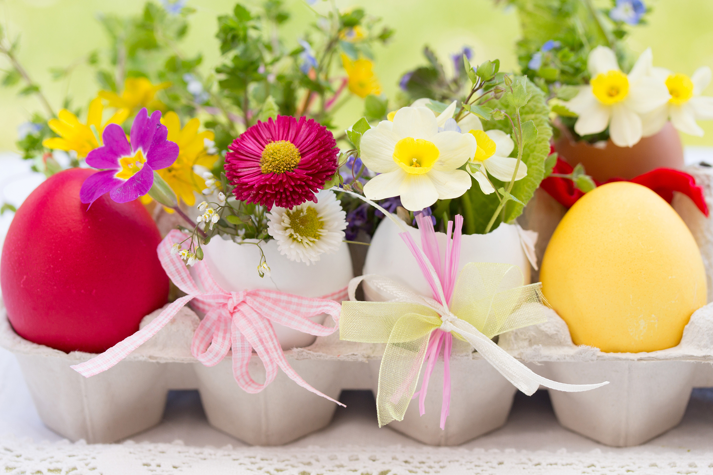 Auch den Eierkarton können Sie nochmal aufbewahren - mit bunten Eiern, die als kleine Blumenvasen dienen, sowie frühlingshaften Gräsern, Schleifchen und Co. gefüllt wird er ein wahrer Hingucker!
