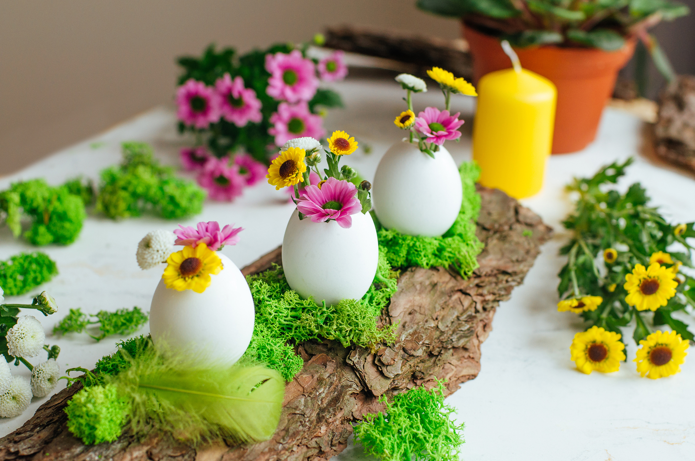 Noch eine Variante der Eierschalen als Blumenvase. Einfach etwas Moos auf eine Baumrinde kleben, darauf die leeren Eierschalen kleben und nach Belieben mit kleinen Blumen füllen - fertig ist der österliche Hingucker.