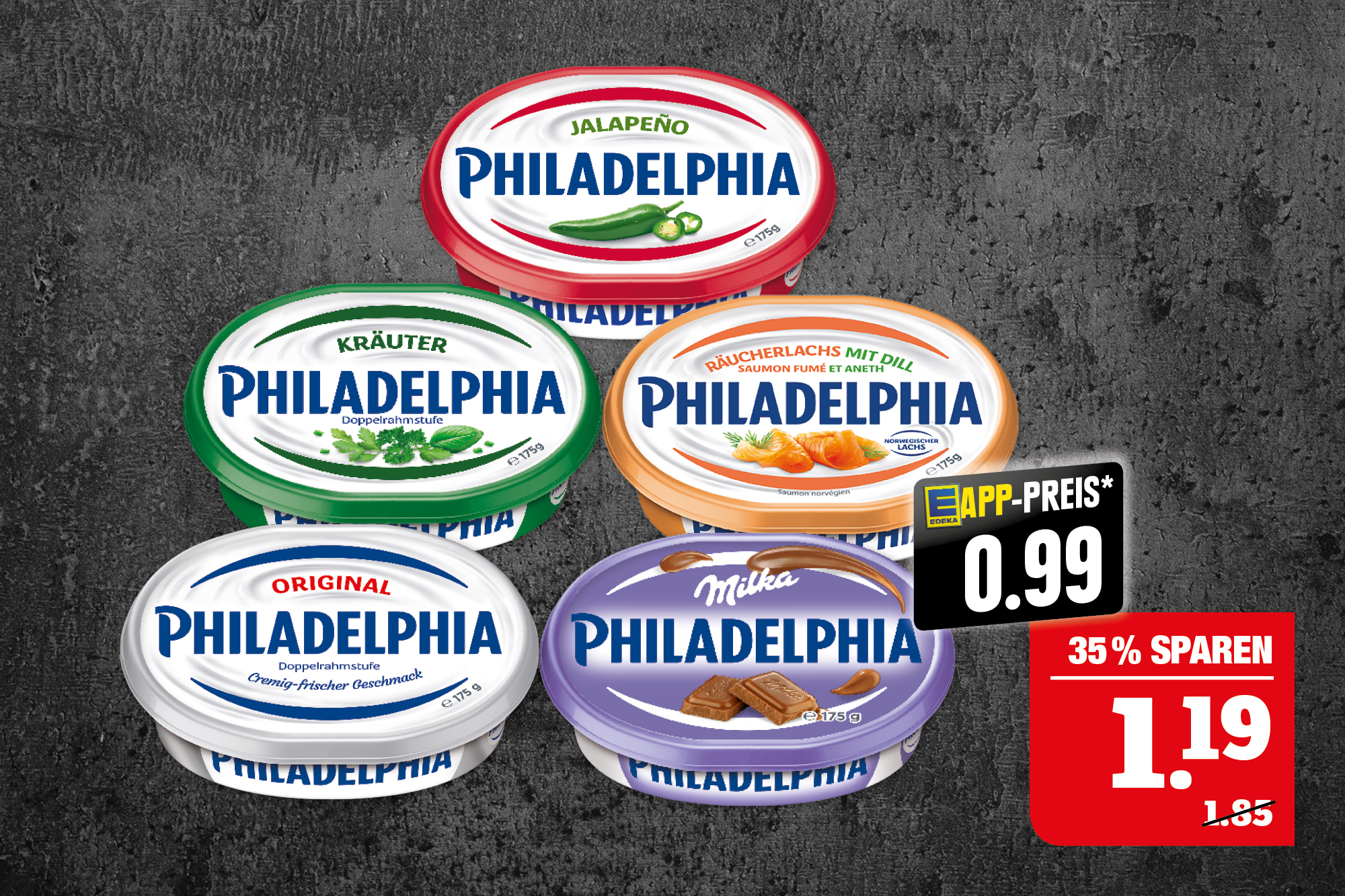 Philadelphia ‍Frischkäse oder -zubereitung  – verschiedene Sorten und Fettstufen; ‍100-175 g Becher/ Packung; ‍1 kg = 6,80-11,90; Niedrigster Gesamtpreis der letzten 30 Tage = 1,85.