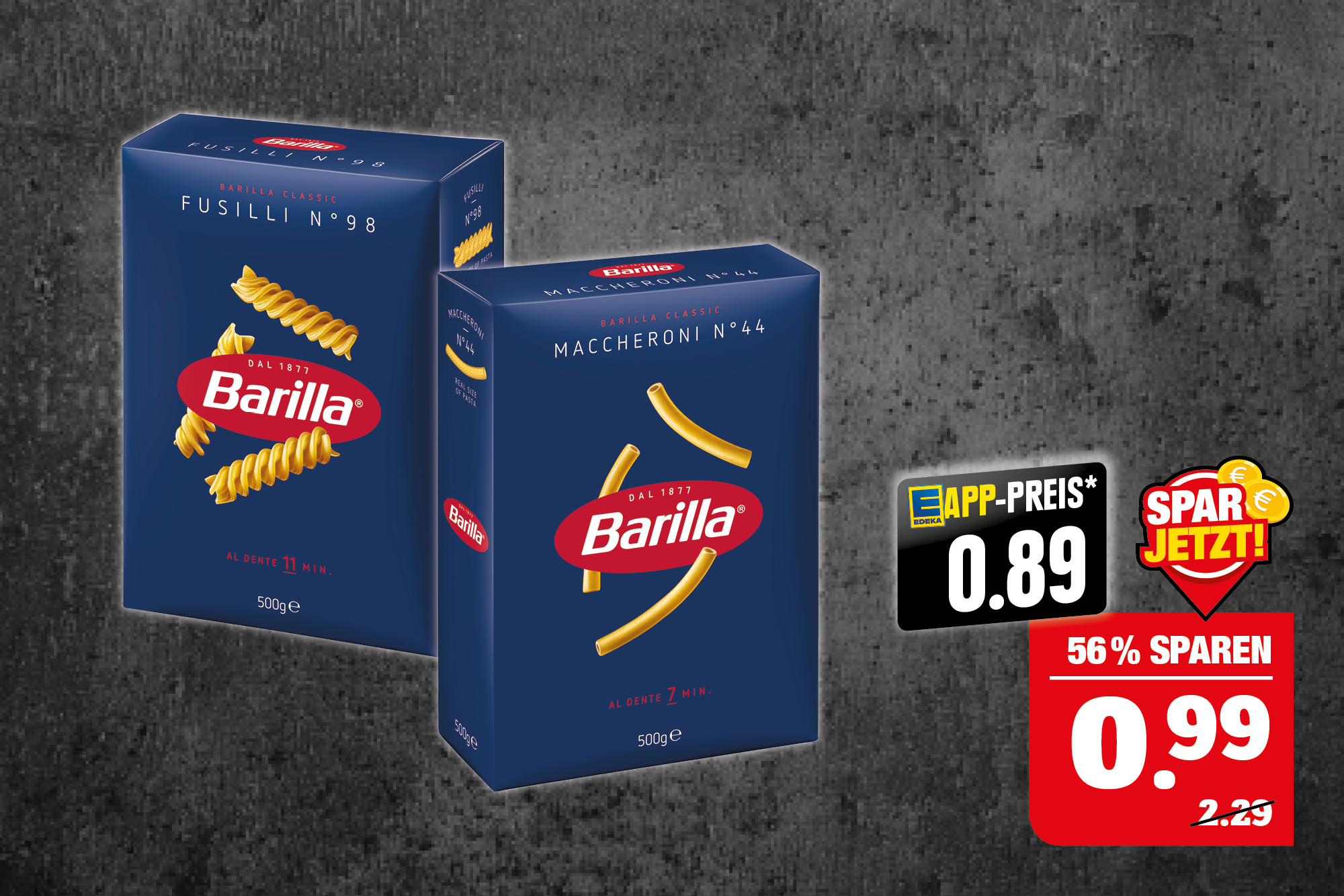 Barilla ‍italienische Pasta – verschiedene Ausformungen; ‍500 g Packung; ‍1 kg = 1,98; Niedrigster Gesamtpreis der letzten 30 Tage = 2,29; Ausgenommen Collezione und Integrale.