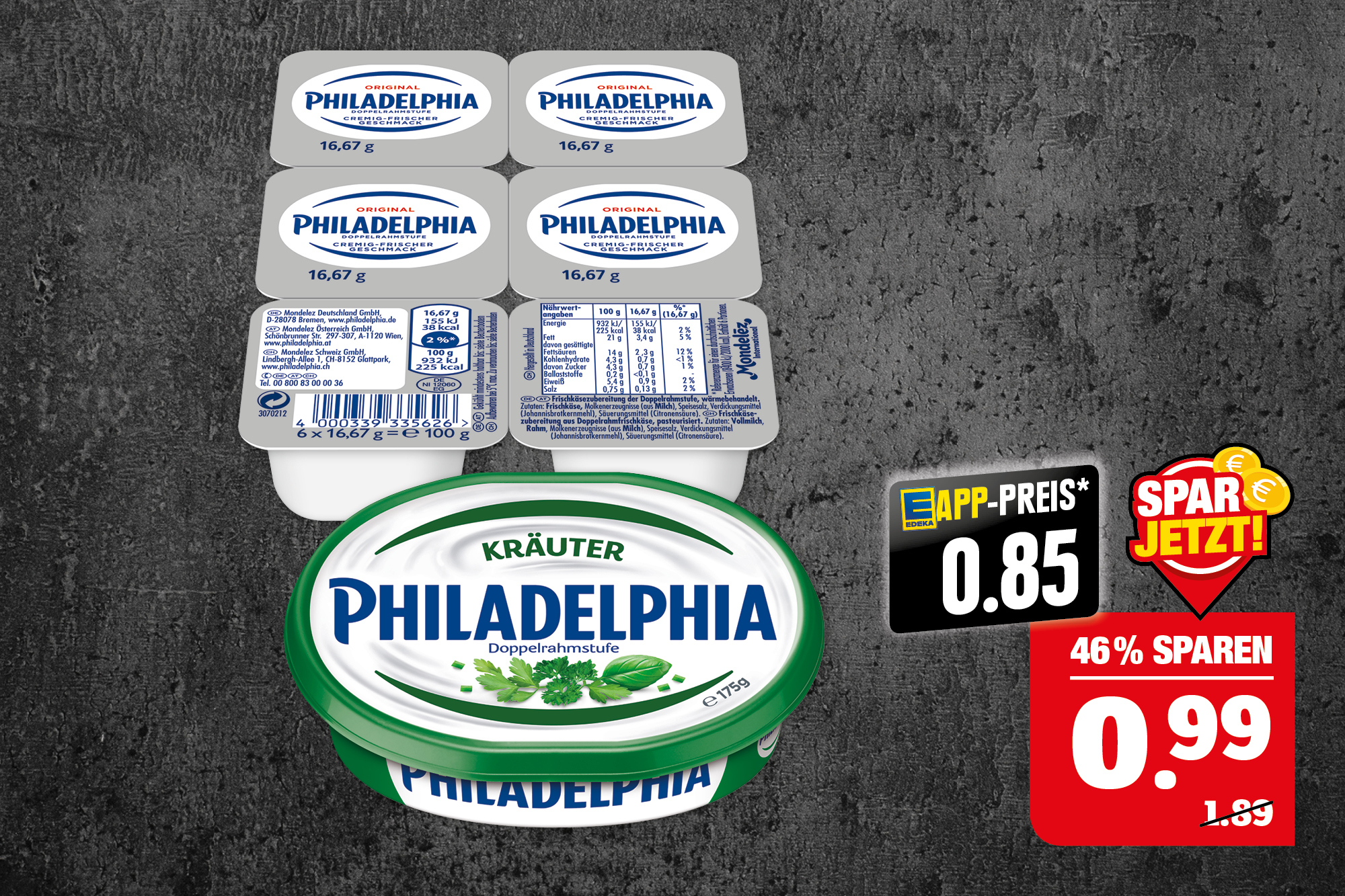 Philadelphia ‍ ‍Frischkäse  oder ‍‍-zubereitung – verschiedene Sorten und Fettstufen; ‍‍8100-175 g Becher/Packung ; ‍‍ ‍1 kg = 5,66-9,90.