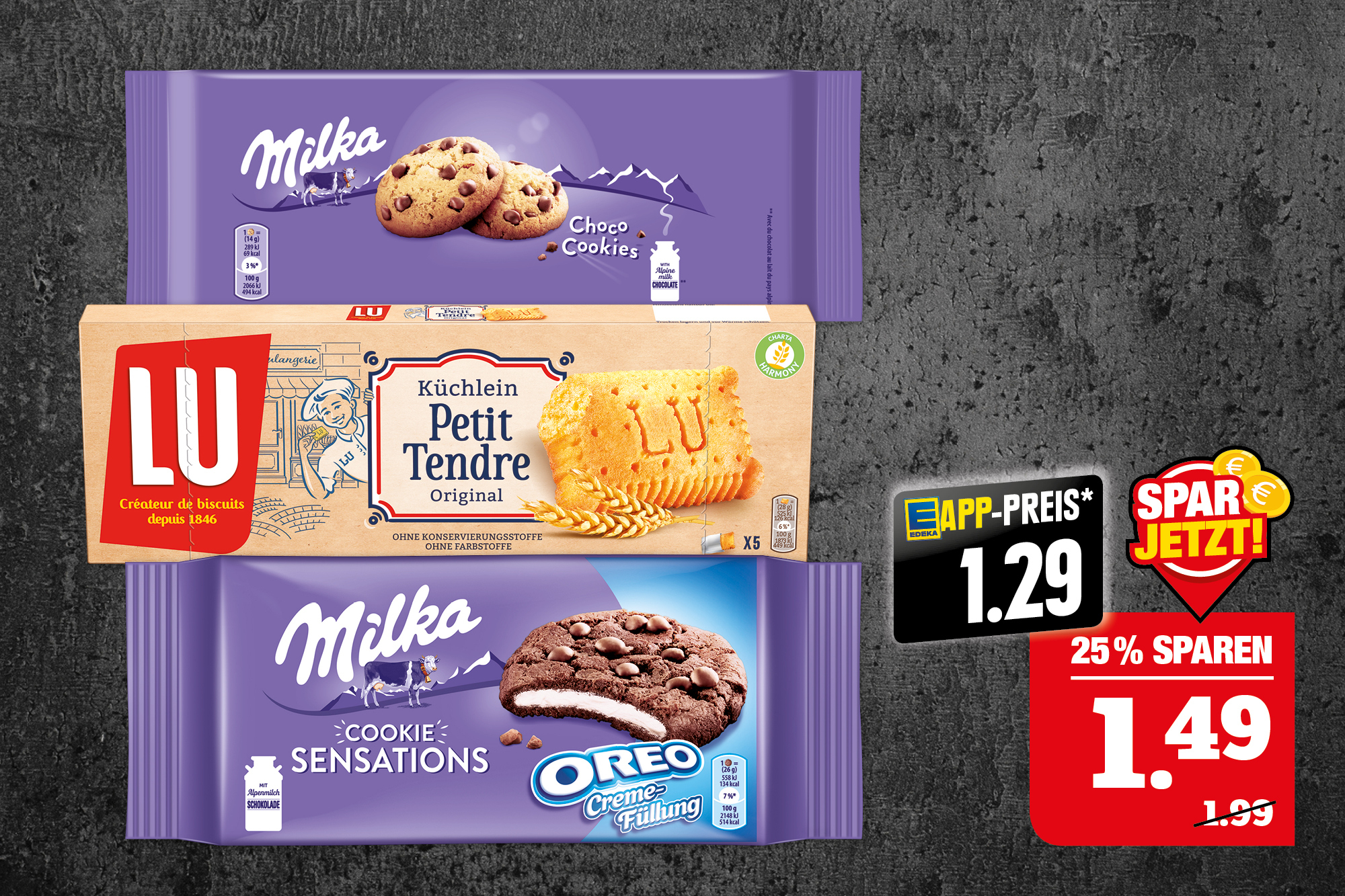 Milka‍ ‍‍, Lu ‍ ‍Kekse oder  Kleinkuchen ‍‍ ‍‍- verschiedene Sorten; ‍ ‍140-185 g Packung; ‍ ‍1 kg = 8,05-10,64; Je nach Verfügbarkeit  des Marktes.