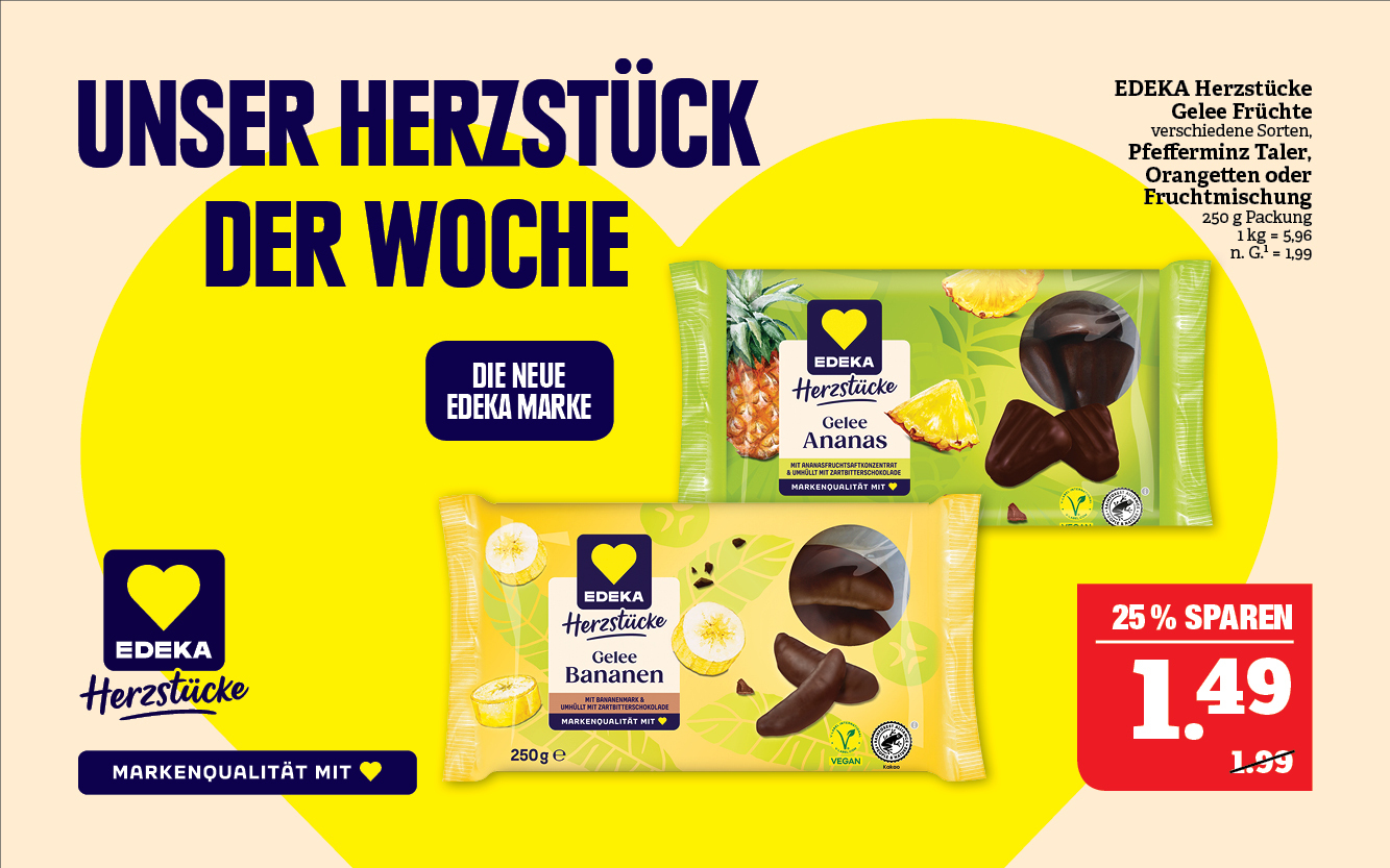 EDEKA Herzstücke - Gelee Früchte, verschiedene Sorten, Pfefferminz Taler, Orangetten oder Fruchtmischung, ‍‍250 g Packung, ‍1 kg = 5,96, Niedrigster Gesamtpreis der letzten 30 Tage: 1,99.