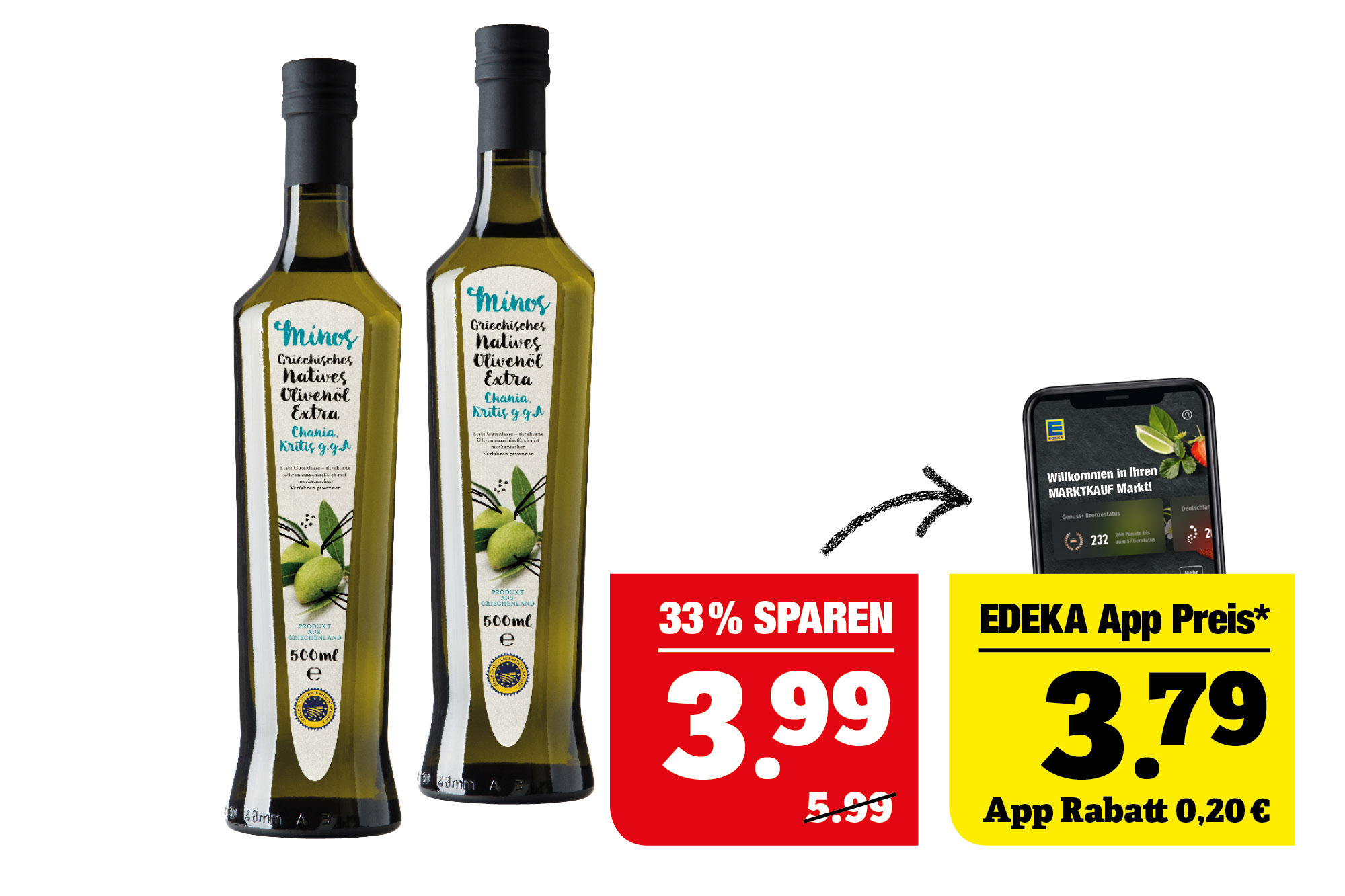 Minos‍ ‍Griechisches Natives Olivenöl Extra - 0,5 Liter Flasche; 1 l = 7,98; Ausgenommen Minos Natives Olivenöl für Salate oder zum Braten.
