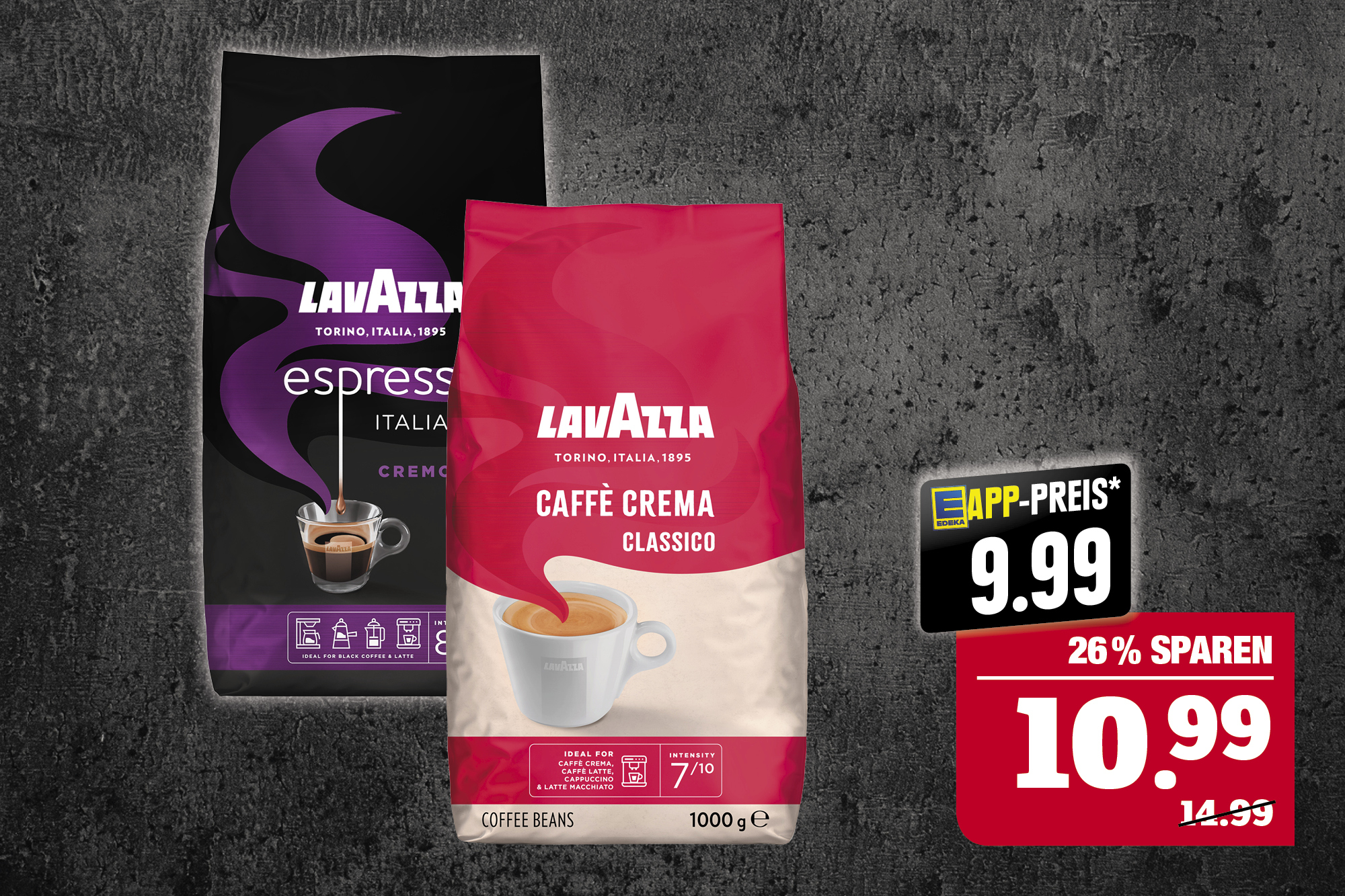 Lavazza‍ Caffè Crema oder‍‍ ‍Espresso - ganze Bohnen; verschiedene Sorten; 1000 g Packung; Ausgenommen Qualita Rossa, Espresso Barista und Tierra Organic; Niedrigster Gesamtpreis der letzten 30 Tage: 14,99.