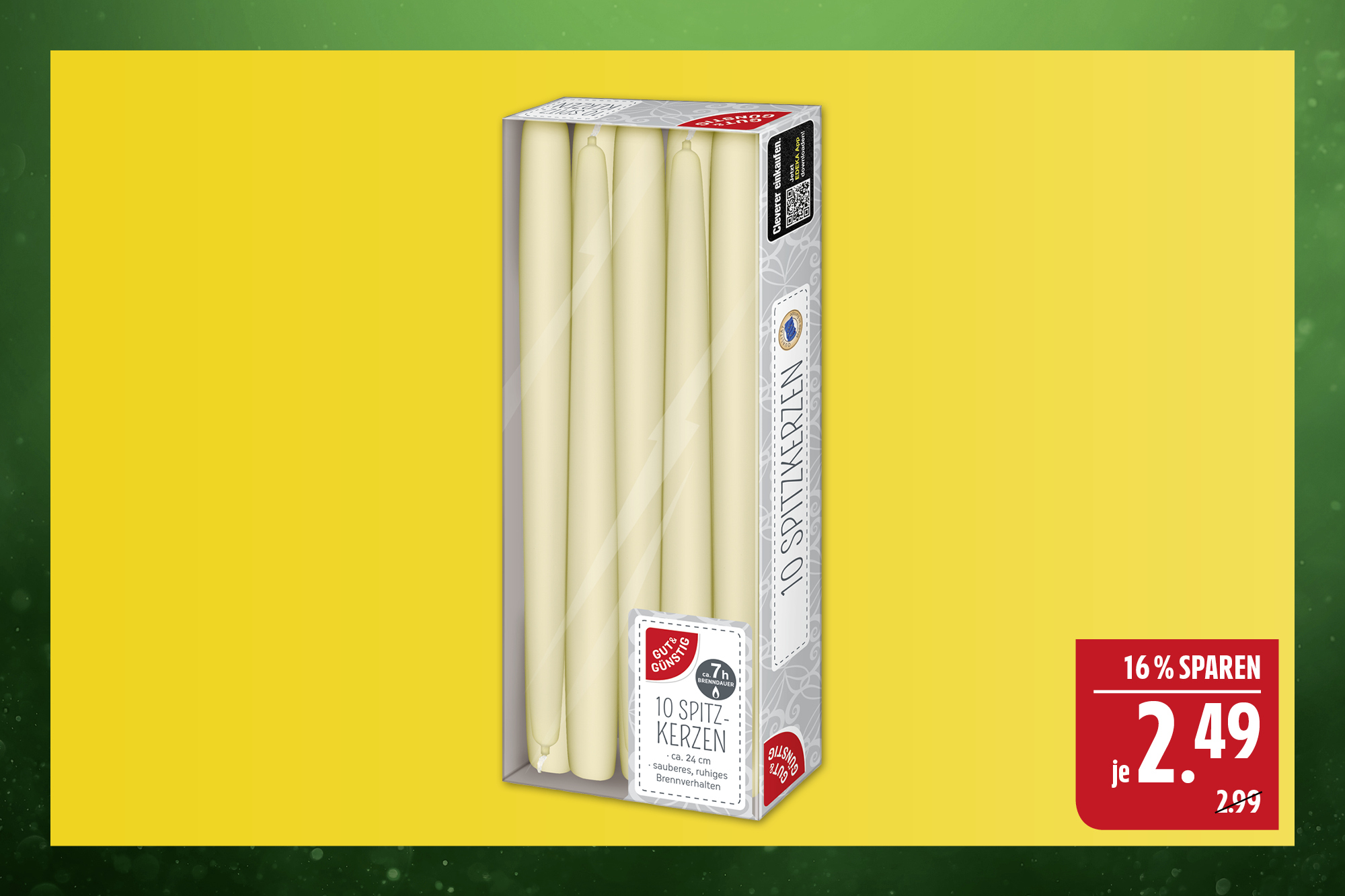 Gut & Günstig 10 Spitzkerzen. Sauberes, ruhiges Brennverhalten. Ca. 24 cm. Farben: Creme, Weiß oder Bordeaux. Brenndauer ca. 7 Std. Niedrigster Gesamtpreis der letzten 30 Tage: 2,99. Gut & Günstig 10 Spitzkerzen. Sauberes, ruhiges Brennverhalten. Ca. 24 cm. Farben: Creme, Weiß oder Bordeaux. Brenndauer ca. 7 Std. Niedrigster Gesamtpreis der letzten 30 Tage: 2,99.