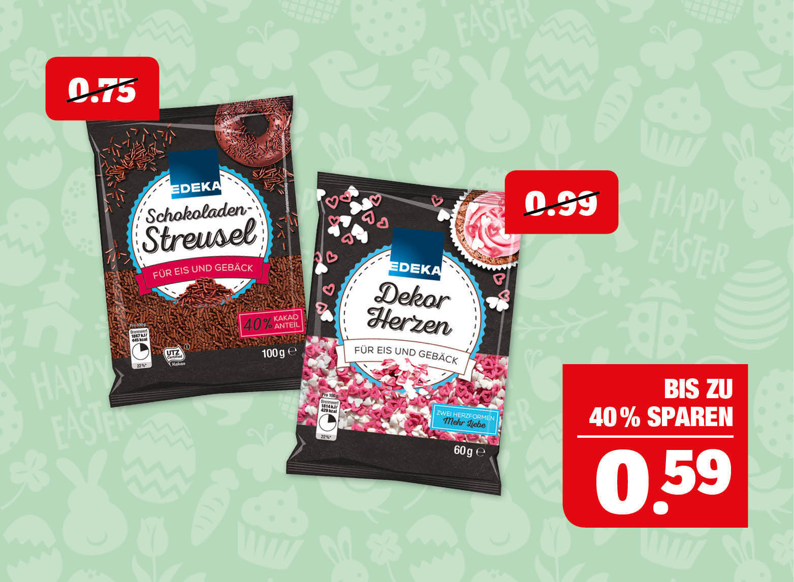 EDEKA‍ ‍Dekor Herzen, Raspel Schokolade - verschiedene Sorten. Schoko Tröpfchen, Schokoladen-Streusel oder Bunte Crispies - ‍60/100 g Packung, 100 g = 0,98/0,59