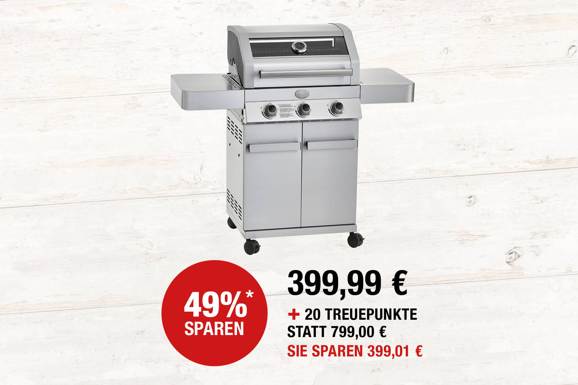 BBQ Station Gourmet G3. Edelstahl,  L 127 x B 60 x H 118 cm. Mit Gussrost  aus emailliertem  Gusseisen. Deckel mit Glaseinsatz für Einblicke in den Garraum, Jet-Flame Zündsystem, stabile Leichtlaufräder.