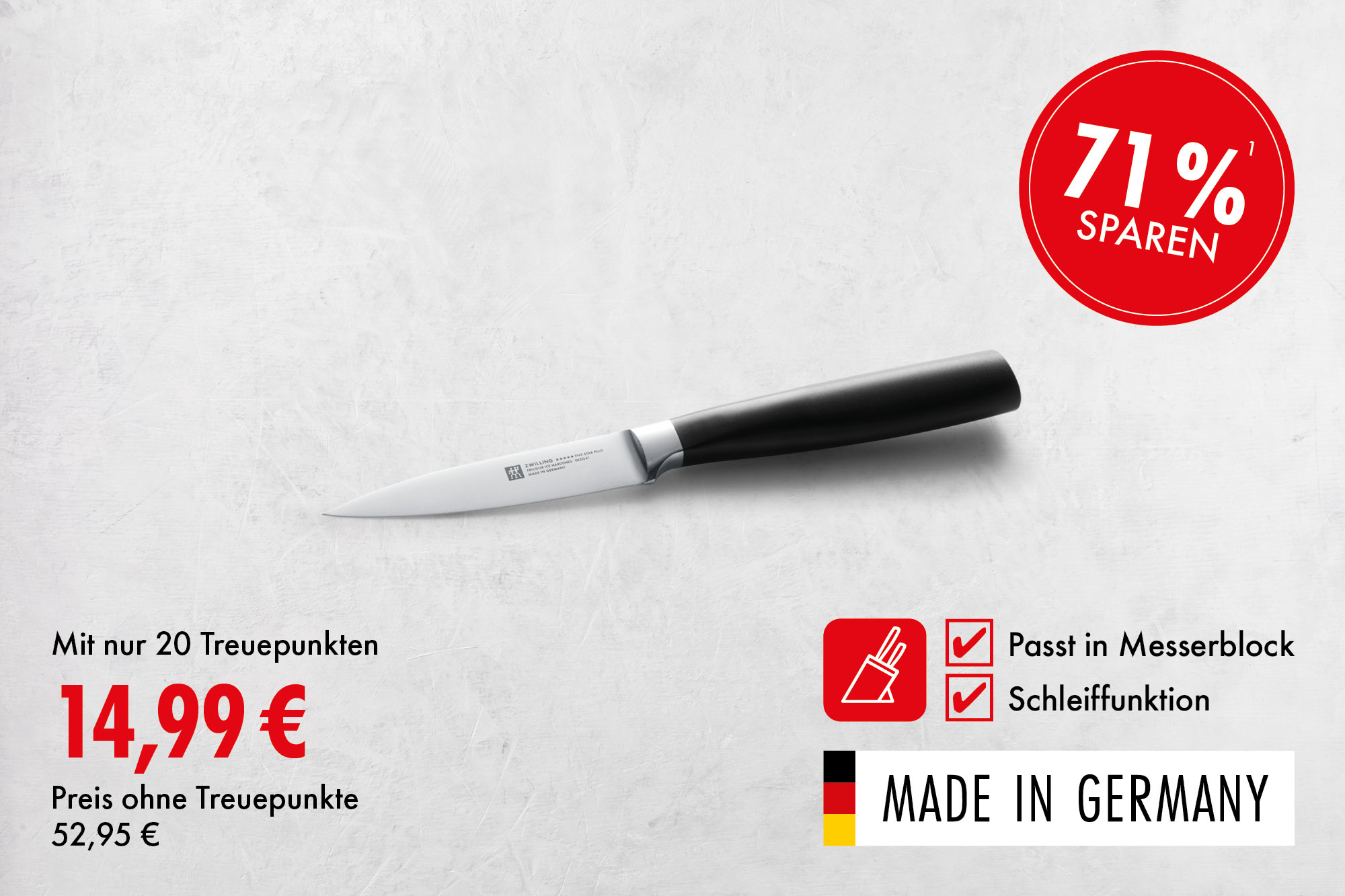 Spick- und Garniermesser (100 mm): Damit lassen sich Obst und Gemüse putzen, schneiden und garnieren oder mit der spitzen Messerklinge beispielsweise Wild- oder Rinderbraten spicken.