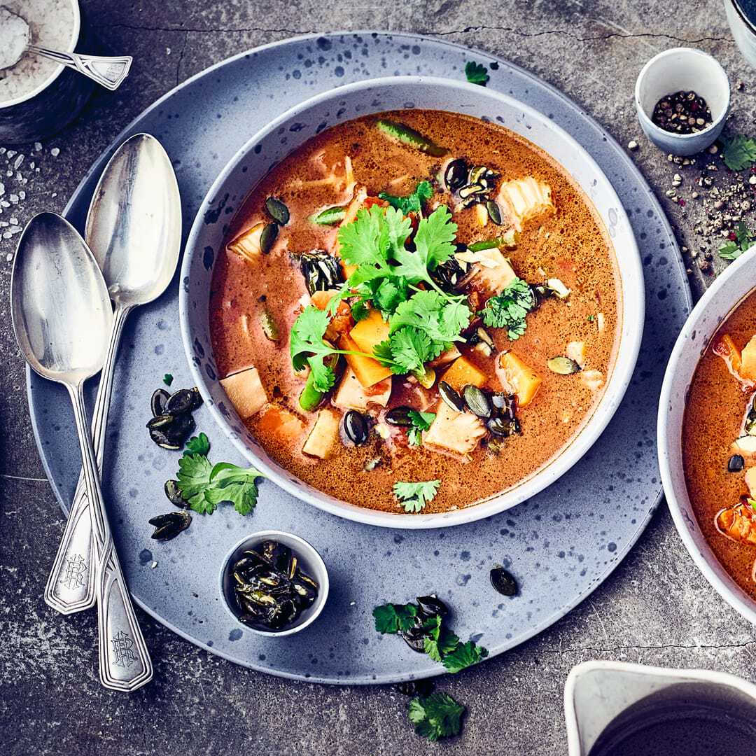 Kürbis-Süßkartoffel-Eintopf mit Kokosmilch