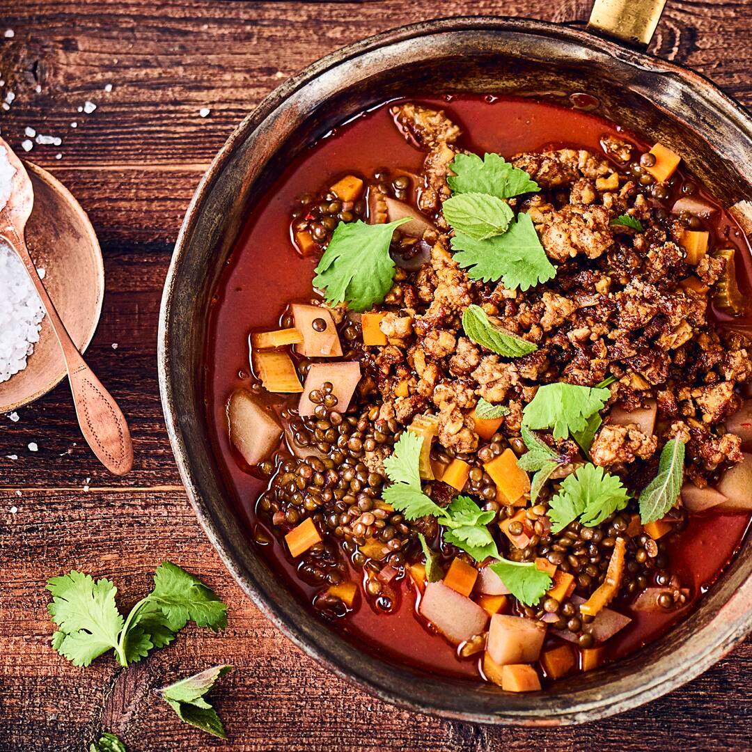 Linseneintopf mit veganem Hack