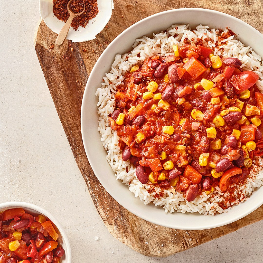 Bohnen-Chili sin Carne mit Reis