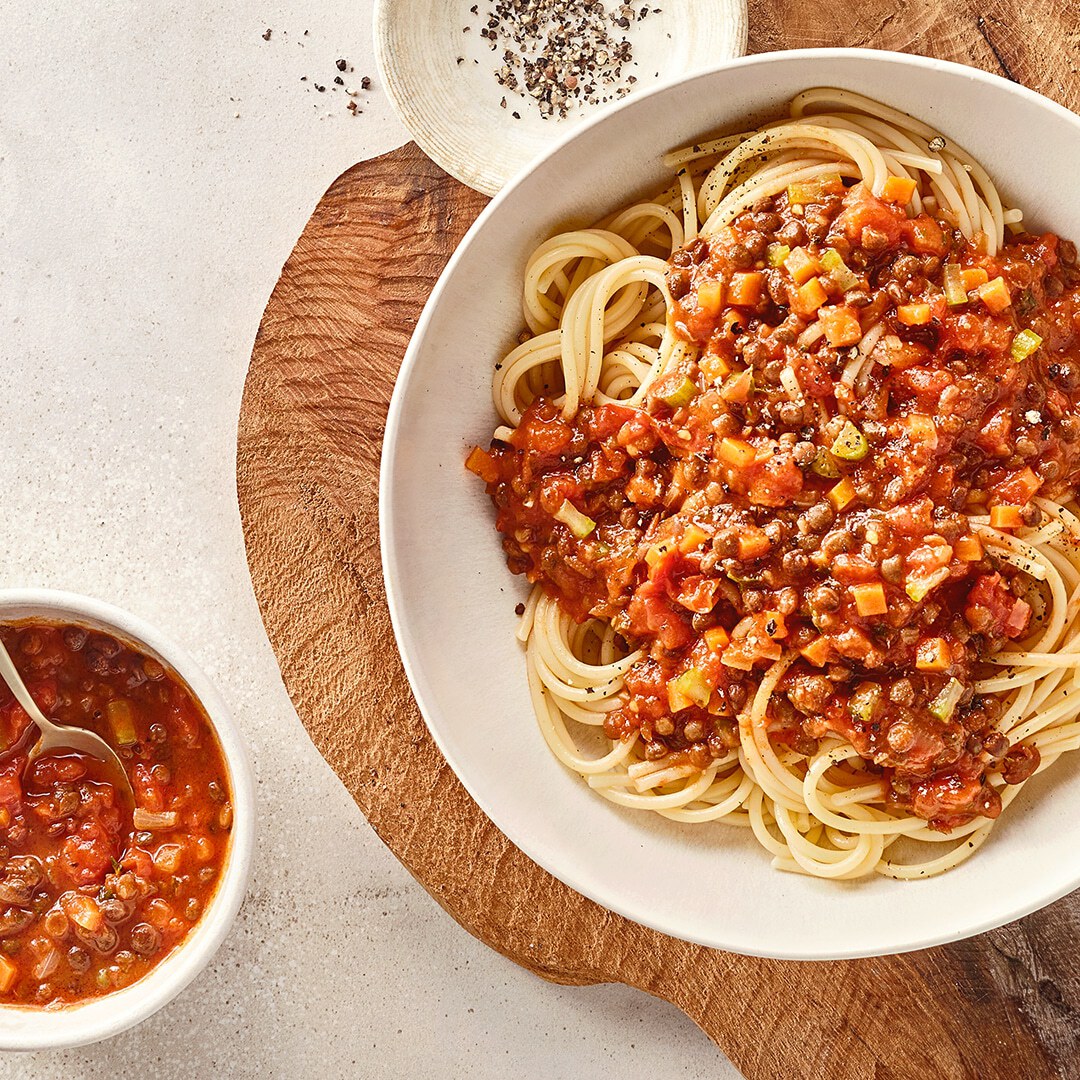 Linsensoße nach Bolognese Art mit Spaghetti