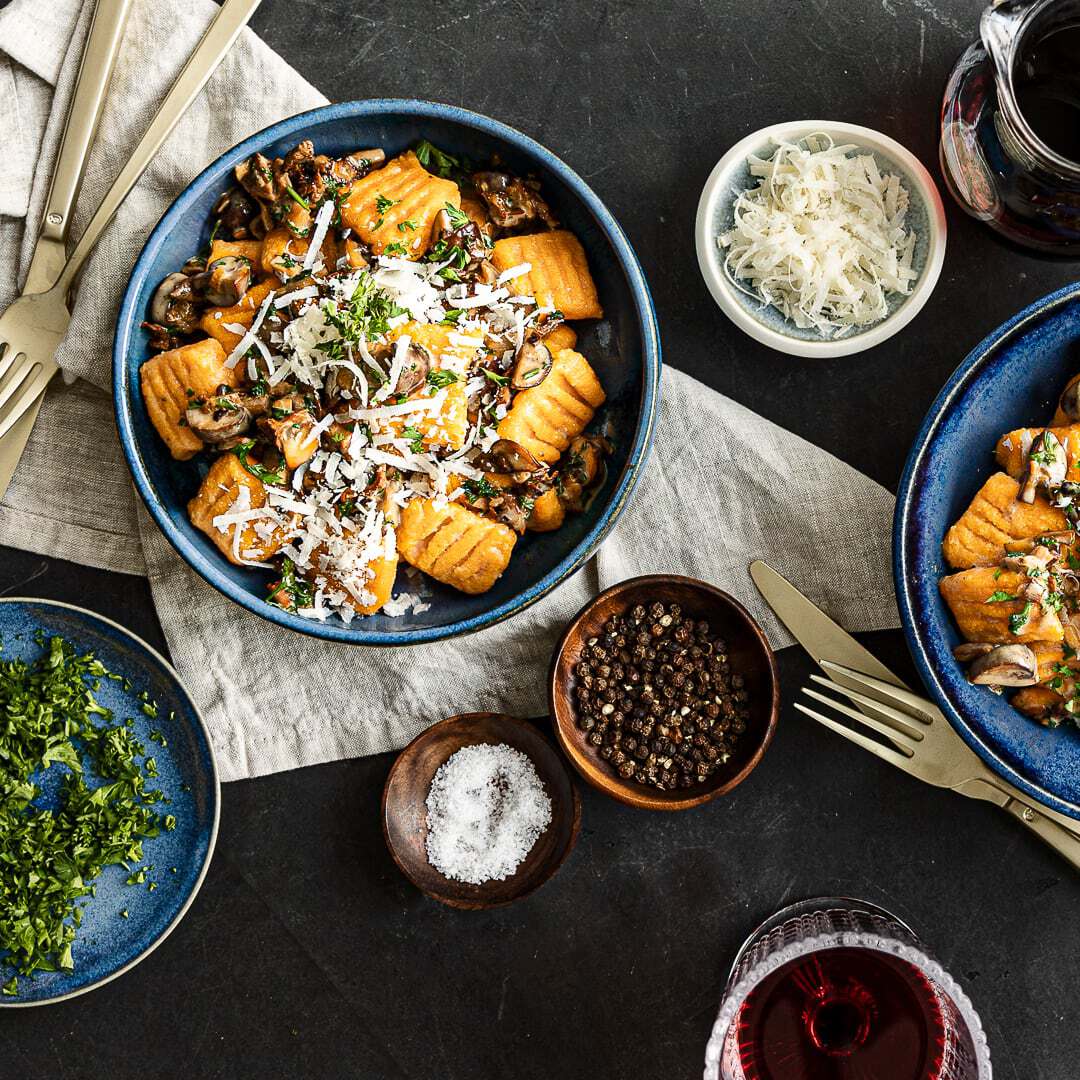 Süßkartoffel-Gnocchi mit Pilzsoße